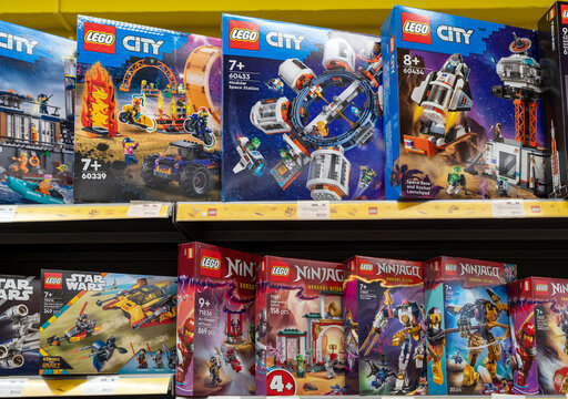 Lego construction kits for sale at Lego Store. Lego is a line of plastic construction toys that are manufactured by The Lego Group company in Denmark. Minsk, Belarus - June 10, 2026