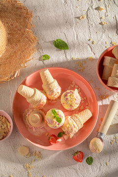 Tasty and sweet strawberry ice cream made of berry fruits.