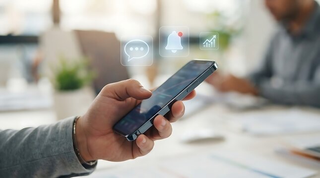 Digital Notification icons on smartphone held by businessman for mobile communication and financial market tracking in professional office workspace