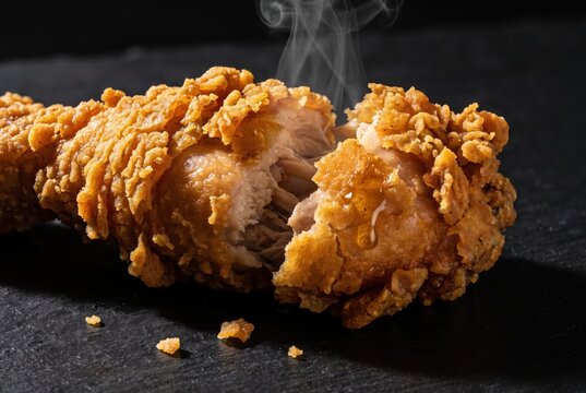 Warm fried chicken drumstick with crispy coating and steam