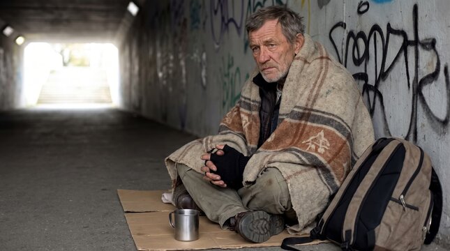Homeless elderly man sitting under a blanket in a graffiti covered tunnel with backpack and metal cup. Poverty, hardship and social welfare concept.