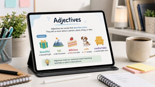 Tablet on a study desk displays a colorful educational slide about adjectives with illustrated examples (gift, mountain, cake, puppy, chair) in a tidy workspace