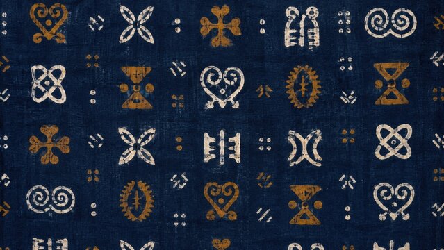 Indigo mud cloth textile pattern with white and ochre tribal symbols and distressed, repeating geometric motifs