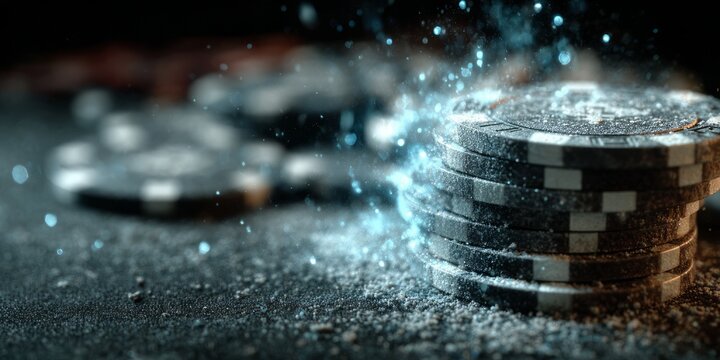 Stack of black casino chips with glowing particles symbolizing gambling, betting, risk, money, jackpot,