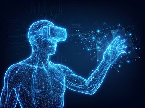 3D wireframe human wearing VR headset interacting with digital particles in futuristic tech scene