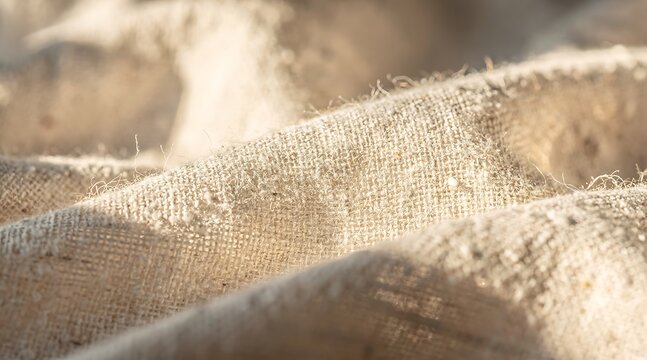 Close-up of textured beige burlap fabric with soft folds and warm sunlight.