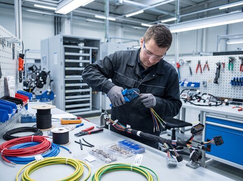 Male technician assembling electrical wiring harness in modern industrial workshop with precision tools