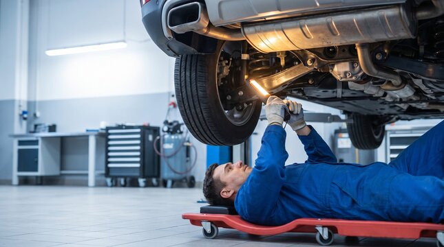 Male mechanic inspecting car engine on hydraulic lift in professional auto repair shop