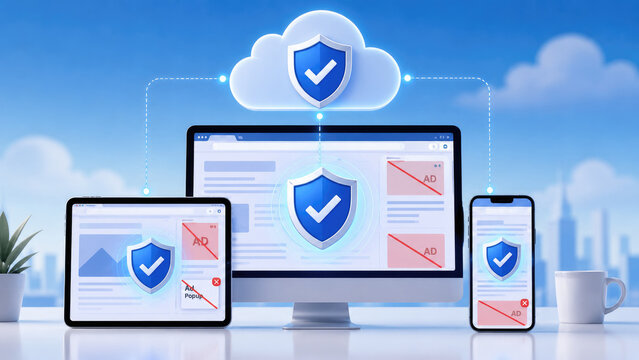 Cloud security concept showing shield checkmark on desktop, tablet and smartphone screens with ad blocking indicators and synchronized cloud protection