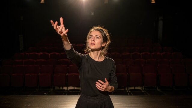 Female actor performing a dramatic monologue on a dimly lit theater stage under a spotlight