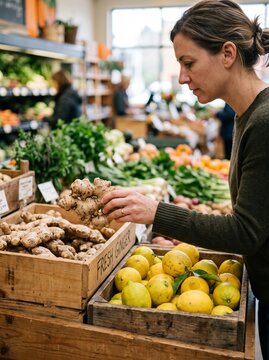 Woman choosing fresh organic ginger and lemons at local farmers market produce stand