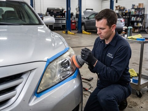Male auto technician meticulously polishing car headlight in professional garage workshop
