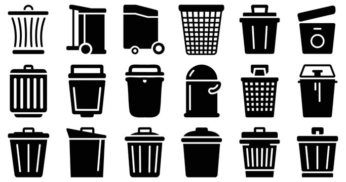 A set of fifteen different trash can and waste bin in a dark grey color, presented as a collection of silhouettes on a black background