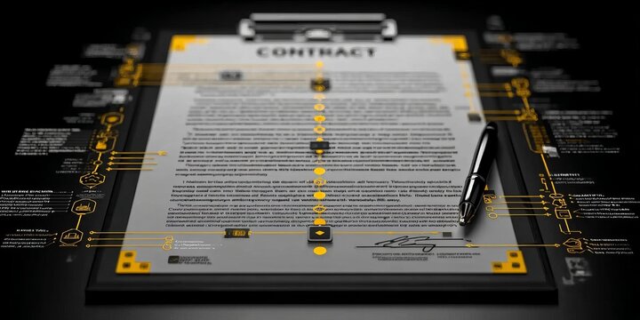 Digital contract document with electronic signature, pen and glowing interface elements representing secure agreement,