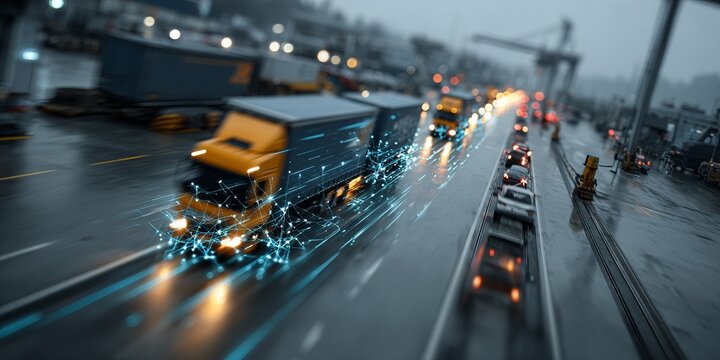 Autonomous delivery trucks with digital network connections driving through modern logistics hub, representing smart transportation,