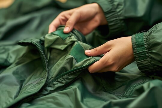 Green Jacket Inspection: Unzipping and Adjusting