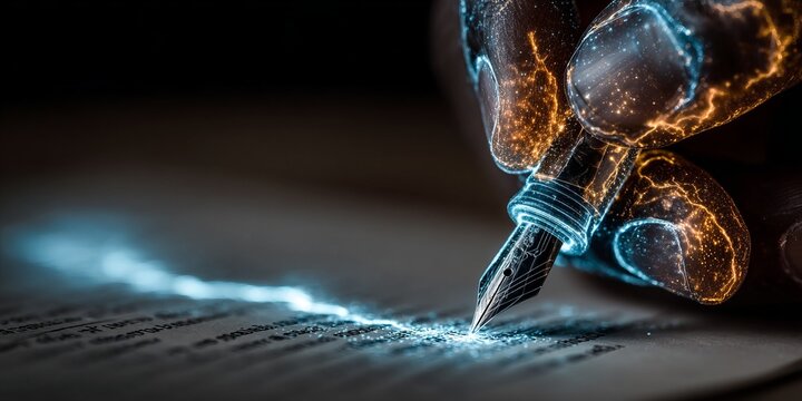 Digital hand using fountain pen to sign document symbolizing electronic signature, contract, agreement,