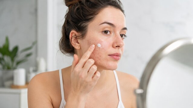 Young woman applying spot treatment cream to acne-prone cheek while looking in a bathroom mirror