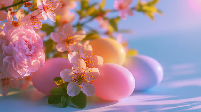 Vibrant holiday arrangement with painted decorative eggs and glowing blooming flowers under warm golden hour sunshine for spring celebrations.
