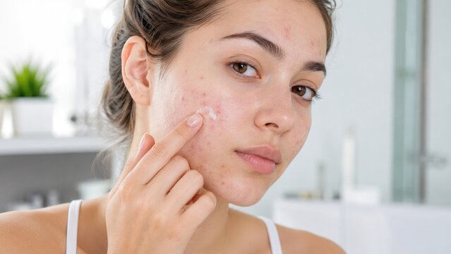 Young woman applying acne cream to her cheek in a bright bathroom mirror close-up