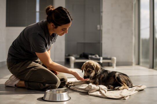Woman caring for a dog at home. Compassionate pet rescue and veterinary support concept with feeding bowl, blanket, and animal welfare care.
