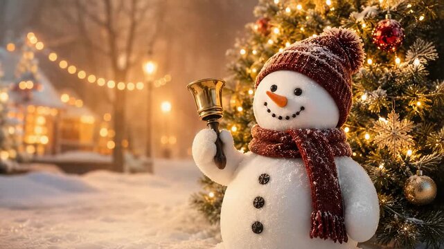 Snowman ringing gold bell outdoors next to decorated Christmas tree at night. Festive snowy park with glowing lights and winter holiday atmosphere in cityscape