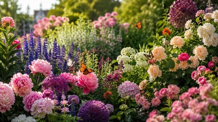Obraz premium Sunlit cottage garden overflowing with roses, peonies, hydrangeas, alliums and monarch butterflies in vibrant summer bloom