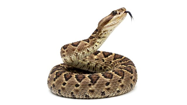 Rattlesnake coiled with tongue flicking, studio shot on white background, reptile