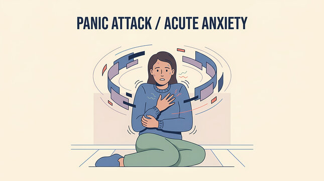 Illustration of a person experiencing a panic attack or acute anxiety, sitting on the floor and clutching their chest with abstract elements.