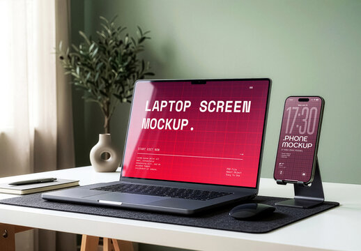 Laptop And Smartphone Mockup On Home Office Desk