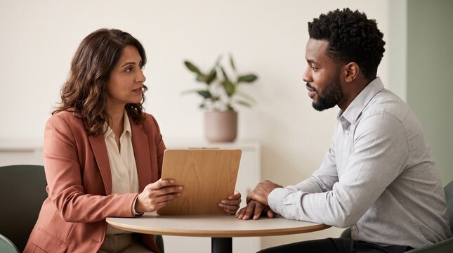 Professional businesswoman reviewing proposal on clipboard during meeting with male client in office