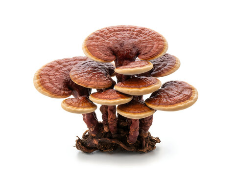 Cluster of fresh ganoderma lucidum reishi mushroom on a white background