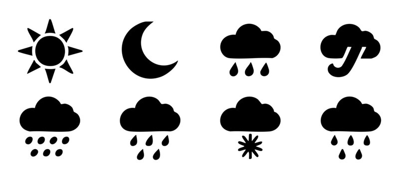 Weather icon set featuring sun crescent cloud rain and snow symbols for meteorological forecasting.