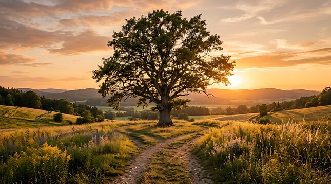 Solitary oak tree at a rural crossroads during a golden sunset