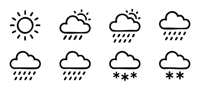 Weather icons with sun and rain clouds showing different precipitation types and clear skies.