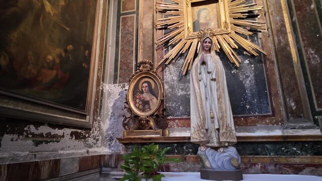 Aesthetic cinematic view of the Our Lady of Fatima altar and statue