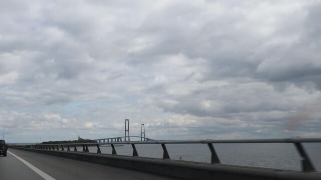 Nyborg, Denmark A view of driving over the Big Belt bridge, an 18-kilometer road and rail link hat connects the islands of Zealand and Funen. Opened in 1998.