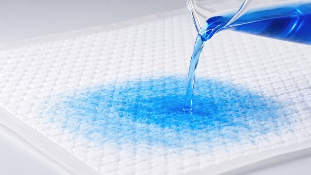 Blue liquid poured onto a white quilted absorbent pad, spreading into a circular wet stain that demonstrates absorbency and surface texture