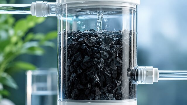 Close-up of activated charcoal water filter with clear housing and flowing water, showing black carbon granules and tubing in a clean indoor setting