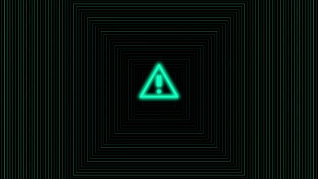 Neon green warning triangle sign flickering inside abstract tunnel of glowing lines motion graphics.