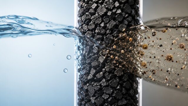 Dirty water with visible particles flowing through a granular activated carbon column into clear water, illustrating water filtration and purification in a split-view close-up
