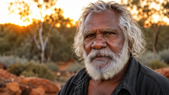 Close-up portrait of an elderly bearded man outdoors at sunset in a red-soil bushland landscape