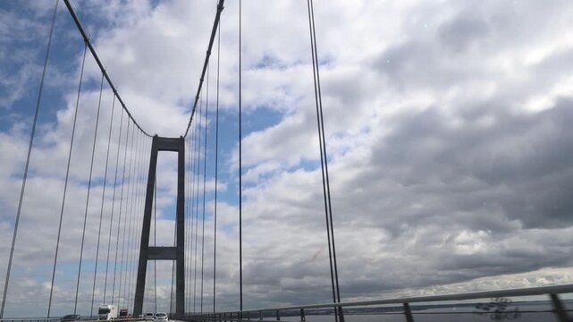 Nyborg, Denmark A view of driving over the Big Belt bridge, an 18-kilometer road and rail link hat connects the islands of Zealand and Funen. Opened in 1998.
