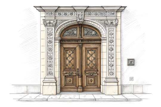 Elegant wooden double door with decorative carvings