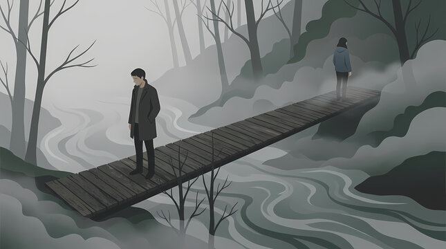 An illustration depicting a man and a woman standing at opposite ends of a wooden bridge over a misty river in a somber, foggy forest, symbolizing distance and separation.