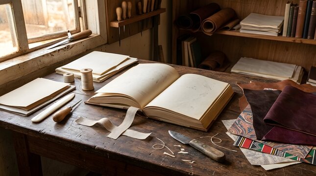 Traditional bookbinding workshop with handcrafted restoration tools
