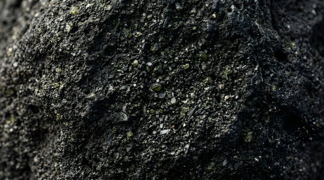 Close-up dark volcanic basalt rock surface with rough matte texture andDark volcanic basalt rock texture with coarse grain and weathered appearance...