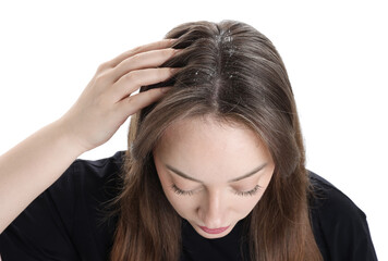 Fototapeta premium Dandruff problem. Woman examining her head on white background, above view