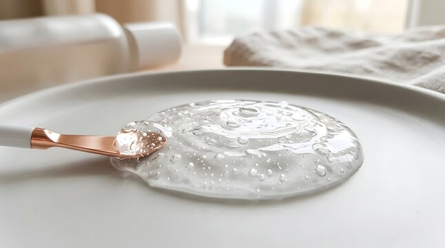 Close-up of translucent cosmetic gel texture with air bubbles on white plate for skincare product development