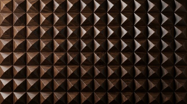 Abstract dark wooden wall with geometric pyramid shapes and texture pattern background